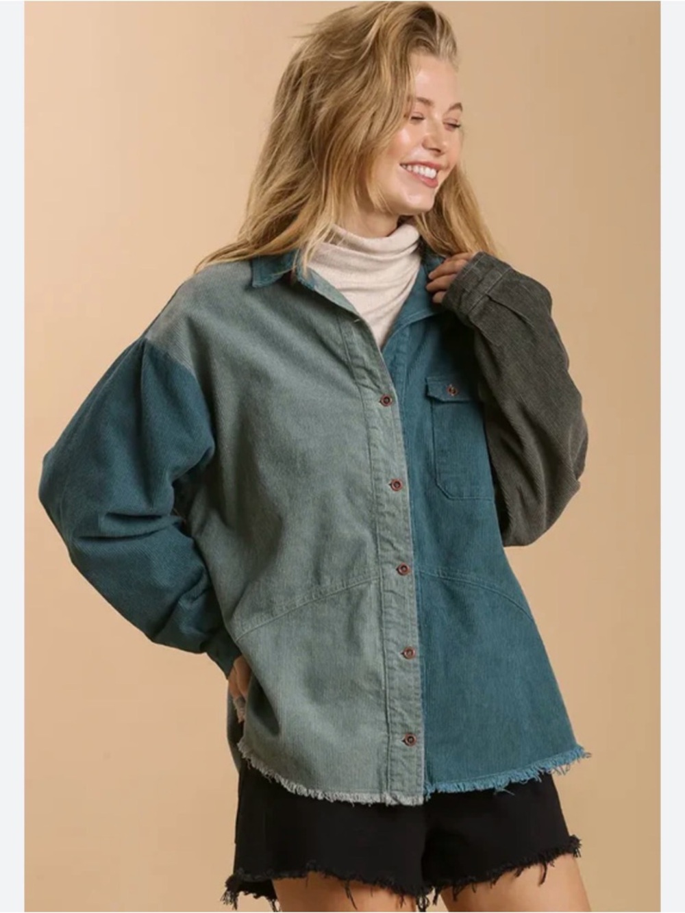 Umgee Colorblock Corduroy Button-Up Shirt Teal Green XL Oversized Distress Boho